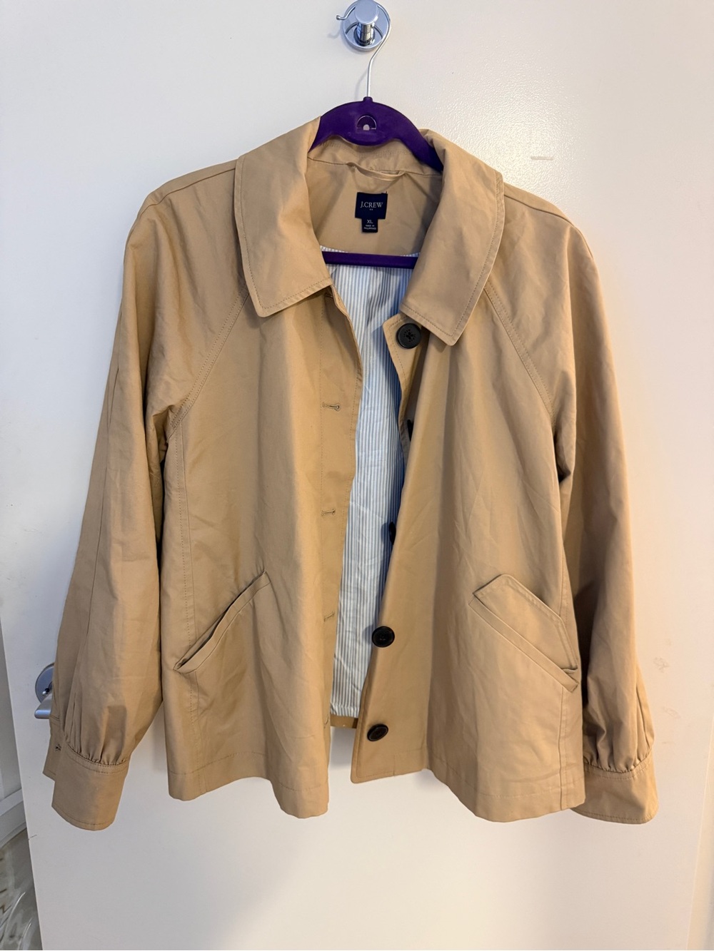 J.Crew Cropped Trench Jacket Khaki Tan Swing Coat XL Striped Lining